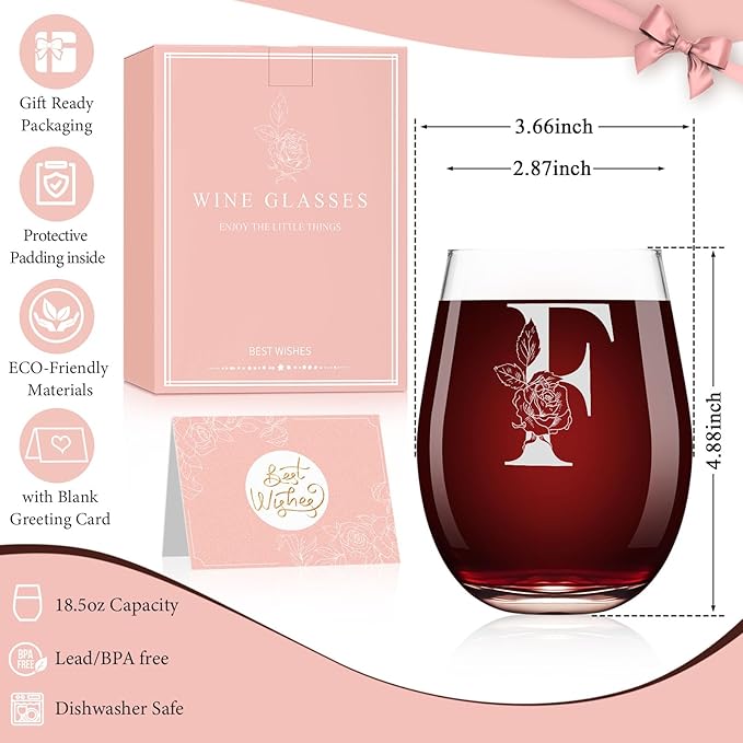 Valentines Day Gifts for Her, Gifts for Women Her Friend Mom Grandma Wife Sister Bridesmaid Nurse, Birthday Galentines Mothers Day Christmas, Personalized Initial Customized Wine Glasses 18OZ(F)
