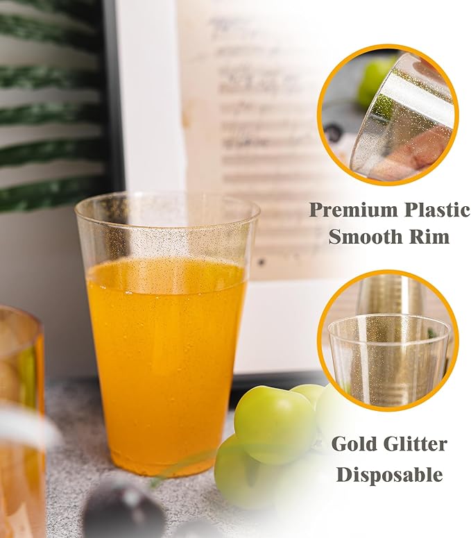 14 oz 100 Pack Gold Plastic Cups, Disposable Gold Glitter Cups, Bulk Gold Plastic Tumblers for Party, Wedding, Birthday and Holiday