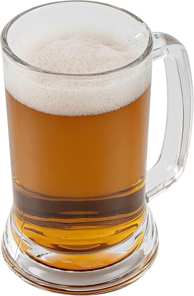 Restaurantware-Vetri 16 Ounce Beer Mugs, 6 Dishwashable Beer Glasses With Handle - No-Lead, Heavy Base, Clear Glass Large Stiens, For Pubs, Bars, Restaurants, Home, Hotel, Or Hosting Parties