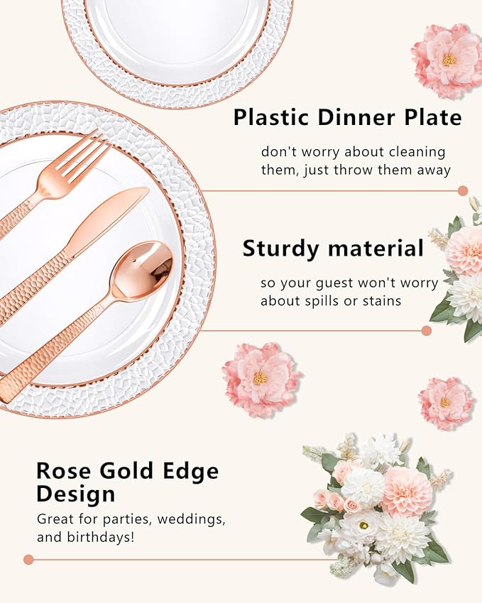 Ciaell 350PCS Rose Gold Plastic Plates - Clear Rose Gold Disposable Plates with Plastic Silverware include 100Plates, 150Silverware, 50Cups, 50Napkins for Wedding & Party & Valentine's Day