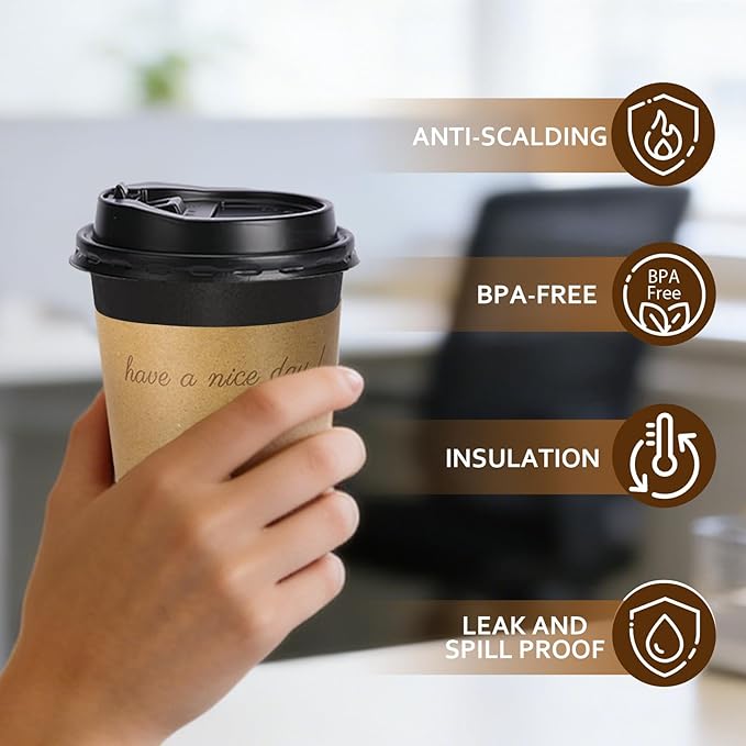 100 pack 10 oz Thickened Coffee Cups with Lids, Scald Resistant Hot Cups with Sleeve and Straw, To Go Coffee Cups for Home, Office, Cafes and Party (Black 10oz)
