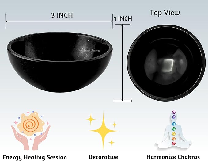 Black Obsidian Crystal Bowl - 3 Inch Decorative Bowls for Room and Home Decor - Gemstone Healing Crystals for Elegant Display, Positive Energy Balance and Gift