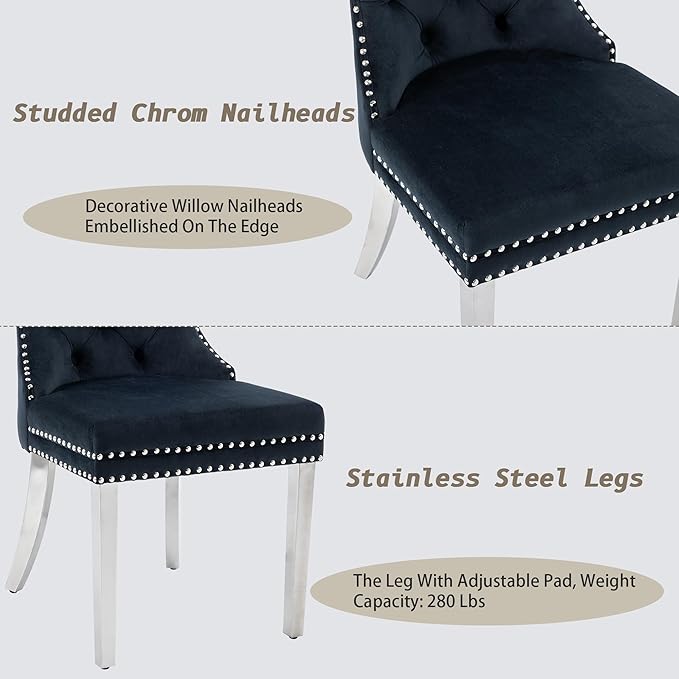 KCC Velvet Dining Chairs Set of 6, Upholstered High-end Tufted Dining Room Chair with Nailhead Back Ring Pull Trim Stainless Steel Legs, Contemporary Nikki Collection Modern Style for Kitchen, Black