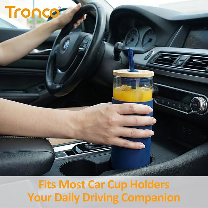 Tronco 20 oz Glass Tumbler with Lid and Straw, Iced Coffee Cup and Smoothie Cup with Bamboo Lids & Protective Silicone Sleeve, Dishwasher Safe, BPA-Free, Glass Cup 2 Pack