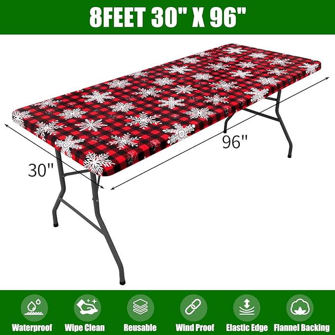 Smiry Plastic Christmas Tablecloth, Buffalo Plaid Waterproof Elastic Fitted Table Covers, Wipeable Flannel Backed Vinyl Tablecloths for Dinner, and New Year Celebration (Black & Red, 30x96 Inches)