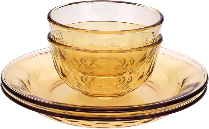 Sunflower Glass Dinnerware Set, 2 Diamond Bowls 5.1" x 2.8" and 2 Plates 9", Set of 4 Amber Glass,High Temperature Resistant Glass Dish, Dishwasher Safe