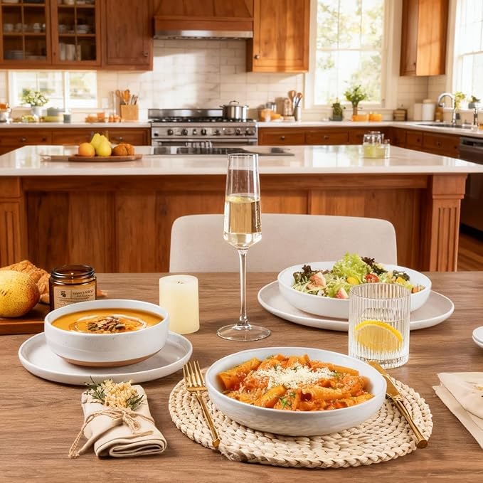 AmorArc Ceramic Dinnerware Sets with Pasta Bowls for 4, Handpainted Plates and Bowls Set with Rustic Terracotta Underside, Scratch Resistant Dishes Set, Dishwasher & Microwave Safe, 16 Pcs