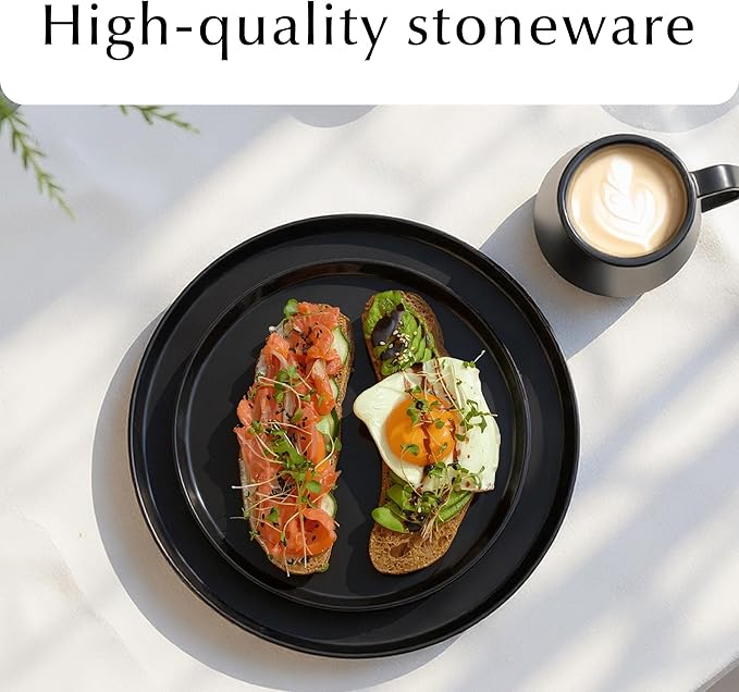 MIAMIO – Ceramic Dinner Plates Set for 4 People/Ceramic Dinnerware 4-Piece, Modern Stoneware, Dishwasher & Microwave Safe – Luxe Collection (Black, 10 Inch)