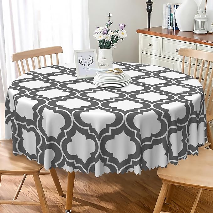 Laeacco 70 Inch Morocco Round Tablecloth Grey White Geometric Lattice Modern Abstract Art Print Table Cloth Washable Waterproof Wrinkle Free Table Cover for Kitchen Dining Picnic Party Decoration