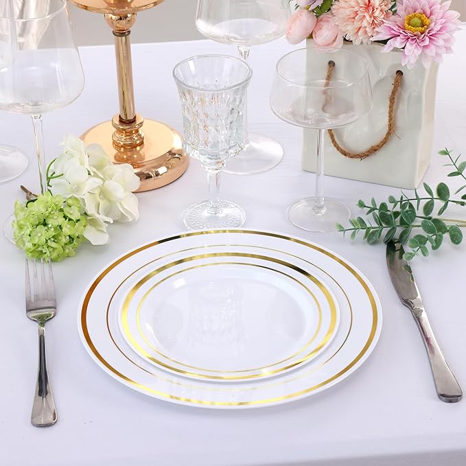 Moretoes 100PCS Gold Plastic Plates Disposable,Party Plates White Gold Rim, 10.25inch Dinner Plate and 7.5inch Dessert Salad Plate for Wedding Party and Birthday