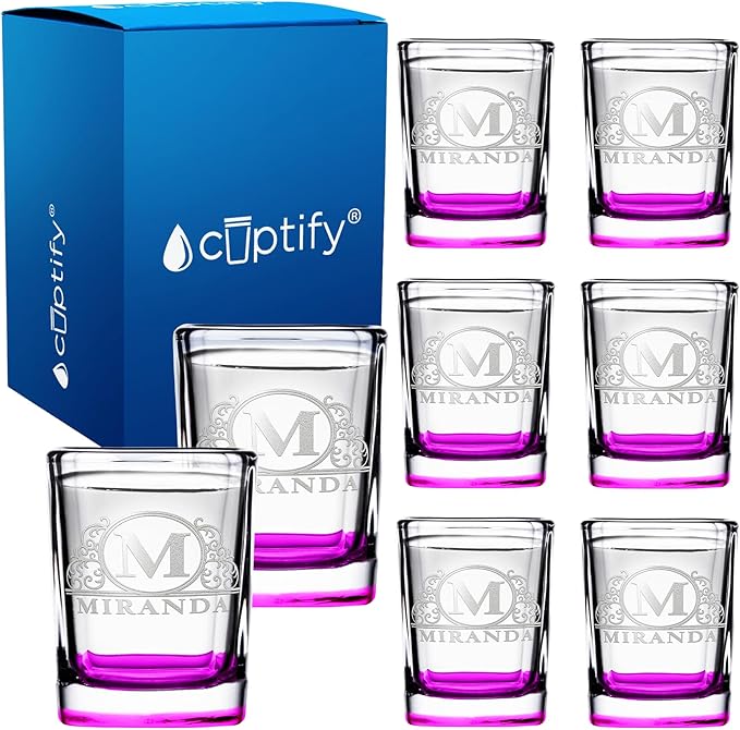 Personalized Square Shot Glasses Set of 8 Pink Bottom 2oz Engraved Initial and Name Custom Gifts, Weddings, Birthdays, Bachelorette Party and Decorations for Women