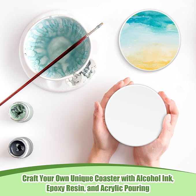 Zopeal 96 Pcs Ceramic Tiles for Crafts Coasters Include Unglazed White Ceramic Tiles with Cork Backing Pads Use with Alcohol Ink Acrylic Pouring for DIY Project Gift (Round)