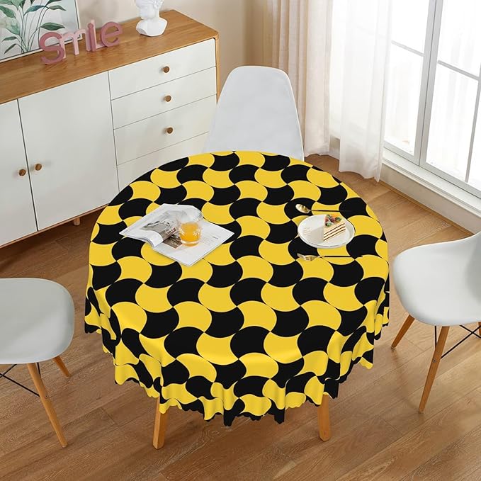 Laeacco 36 Inch Geometric Round Tablecloth Black and Gold Abstract Pattern Modern Art Print Table Cloth Washable Waterproof Wrinkle Free Table Cover for Kitchen Dining Picnic Party Decoration