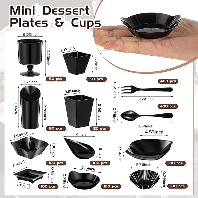 Tessco for you 1600 Pcs Mini Appetizer Plates Dessert Cups with Spoons Forks Set Assorted Shape Plastic Parfait Cups Dessert Plates Container Bowls with Disposable Spoon Fork for Party(Black)