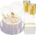 KIRE 210Pcs Clear and Gold Plastic Plates - Heavy Duty Clear Plates with Gold Rim - Disposable Dinnerware Sets of 60 Plastic Plate 90 Silverware 30 Cups 30 Napkins for Wedding/Thanksgiving Parties