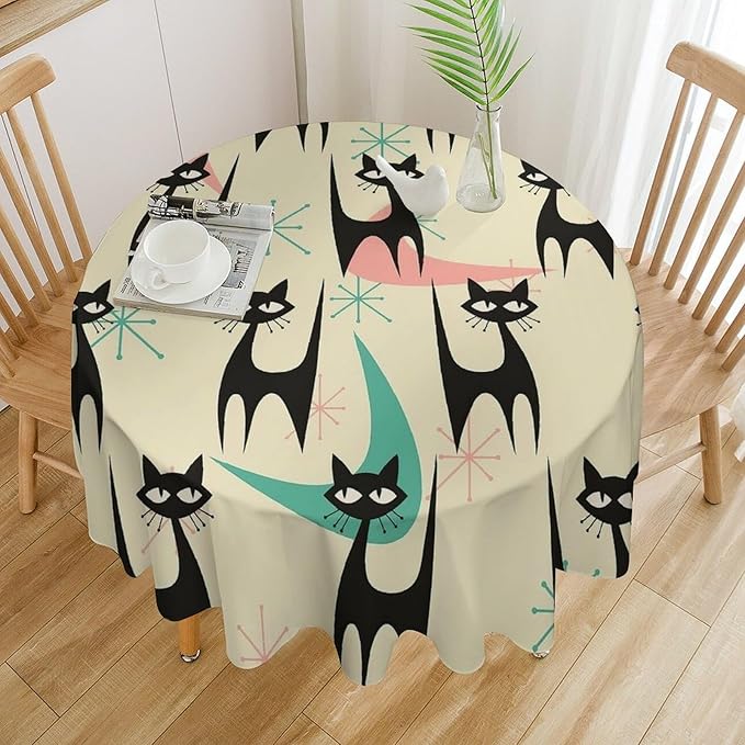 Mid Century Colorful Modern Cat Round Tablecloth, Medieval Bohemian Abstract Animal Tablecloth for Home Party Dining Room Kitchen Decor 36Inch(90cm)