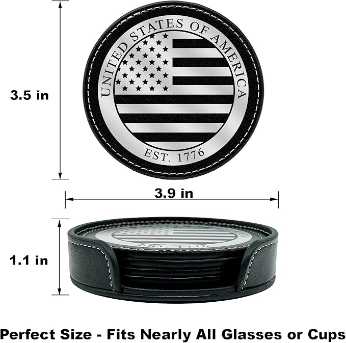 Premium American Flag Leather Coasters Set with Foil Stamped Logo - 4 USA Drink Coasters for Home, Bar Office | Flag Leather Coasters