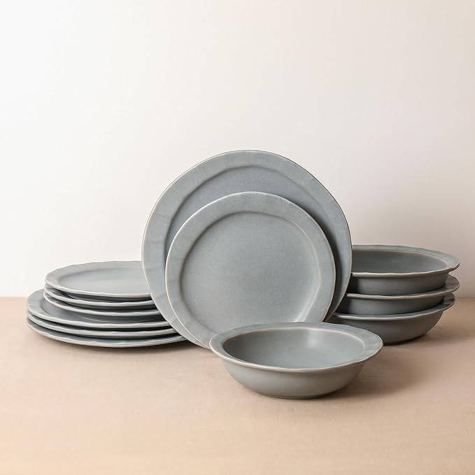 Stone Lain Oasis Stoneware 24 Piece Dinnerware Set, Home Kitchen Dish Set with Dinner Plates, Salad Plates & Bowls - Service for 8, Grey Blue