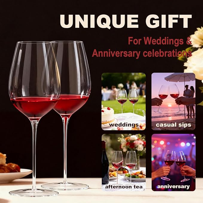 Red Wine Glasses Set of 4, 22oz, Hand Blown Premium Crystal Wine Glasses, Clear Stem,Thin Rim, - Perfect for Red or White, Daily Use,Unique Wedding Anniversary or Birthday Gift