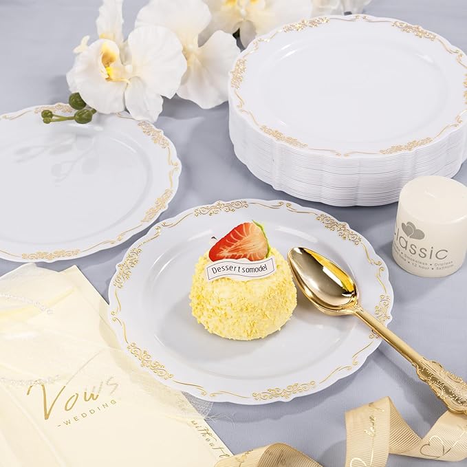 DaYammi 60PCS White and Gold Plastic Plates, Disposable Heavy Duty Plates Premium 7.5inch White Dessert Cake Salad Appetizer Plates Hard Plastic Platos Disposable for Party Wedding