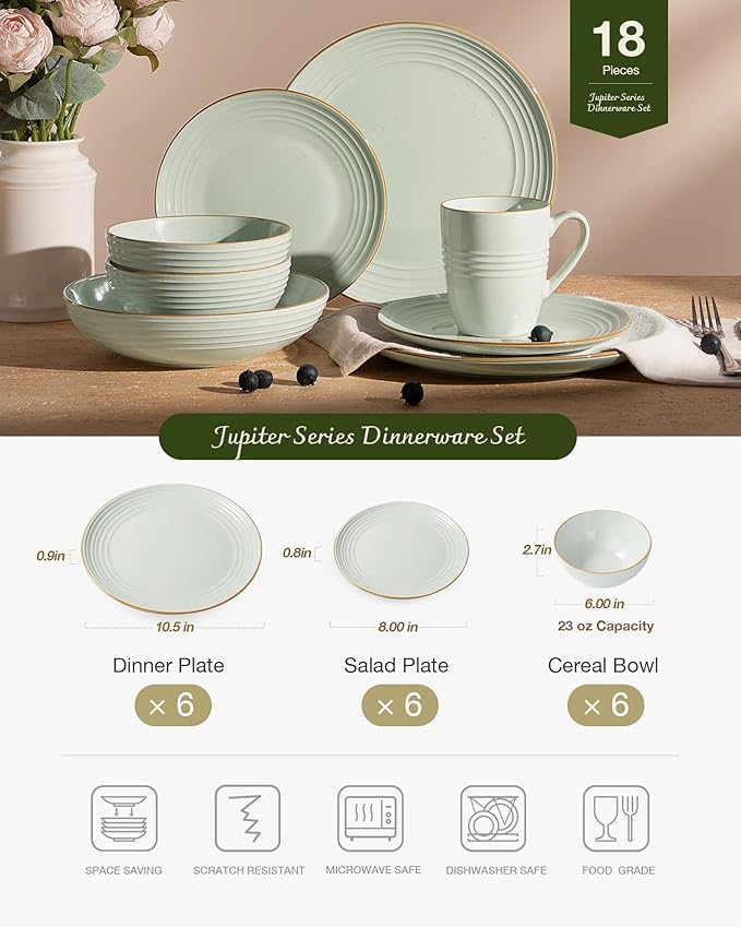 Famiware Jupiter Dinnerware Set, Plates and Bowls Dish Sets for 6 (18 Pieces), Microwave and Dishwasher Safe Stoneware Speckled Tableware, Chip and Scratch Resistant, Light Green