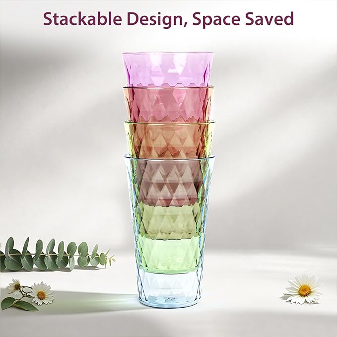 Freshmage 20 oz Unbreakable Drinking Glasses (Set of 8), Jewel Tone Colored Reusable Tumblers, BPA Free Plastic Drinking Cups for Home, Outdoor, Picnic, Pool, Stackable, Dishwasher & Microwave Safe