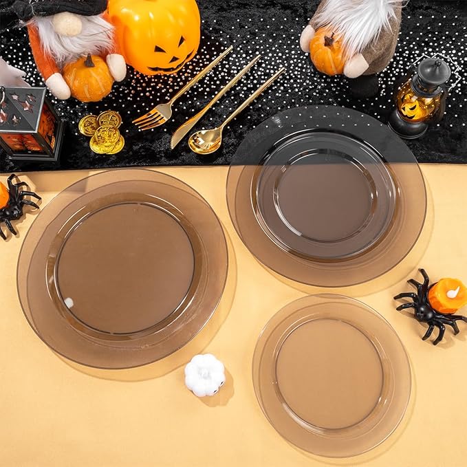 I00000 200 Pcs Clear Black Plastic Plates, Black Disposable Party Halloween Plates Include 100 Dinner Plate 10’’ and 100 Dessert Plate 7’’ Perfect for Wedding, Party & Halloween