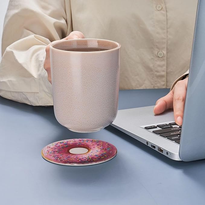 Donuts Coasters for Drinks with Holder Round Leather Coasters Set of 6 Cups Mugs Mat Pad for Home Kitchen Bar
