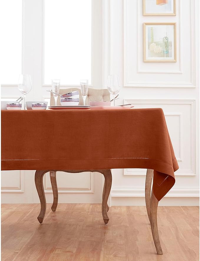 Solino Home Linen Cinnamon Tablecloth 60 x 132 Inch - Classic Hemstitch, 100% Pure Linen Rectangular Tablecloth - Machine Washable Table Cloth