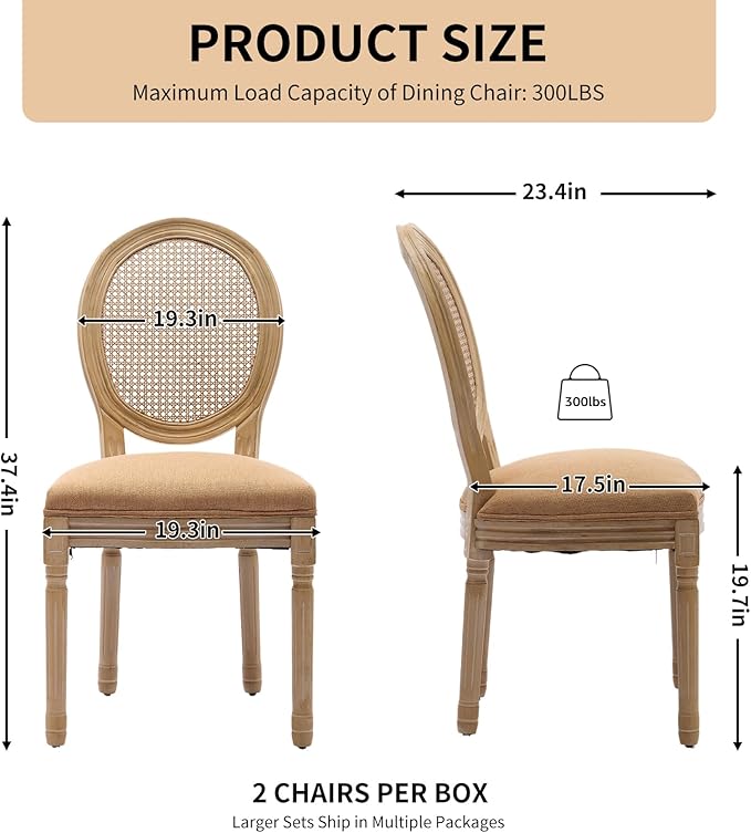 Vintage French Rattan Dining Chairs Set of 4, Round Back Accent Chairs with Rattan Backrest and Upholstered Linen Seat, Solid Wood Frame Sillas de Comedor for Dining Room & Kitchen, Camel