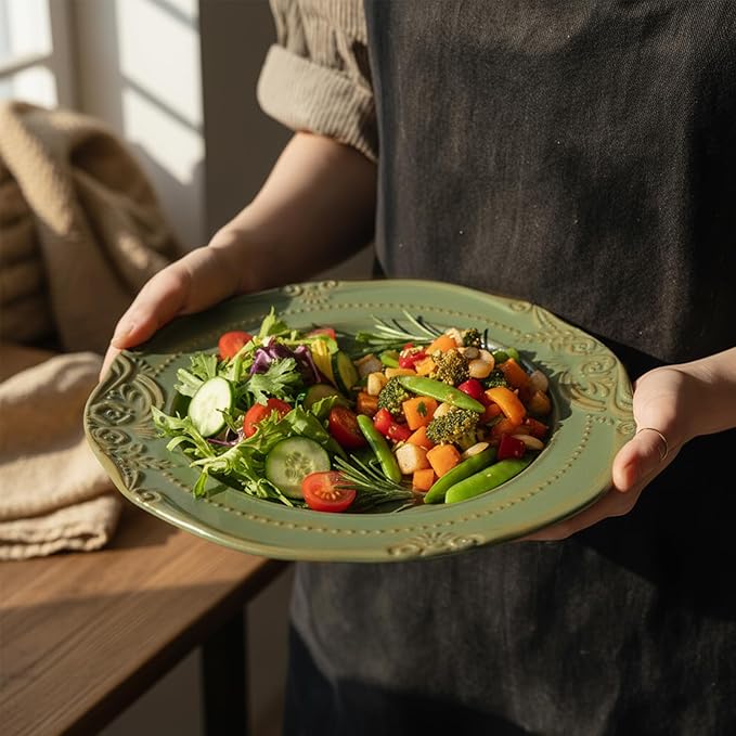 salad plates set of 4, 10.5 inch Reactive Glaze Stoneware Dinner Dish Set for Dessert, Salad, Appetizer, platos de ceramica Dishwasher & Oven Safe, Scratch Resistant-Olive-drab Green