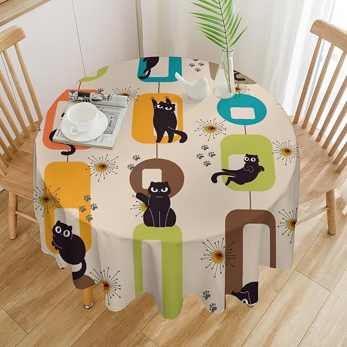 Bohemian Black Cat Round Tablecloth, Rustic Vintage Mid Century Geometric Tablecloth for Home Party Dining Room Kitchen Decor 60Inch(152cm)