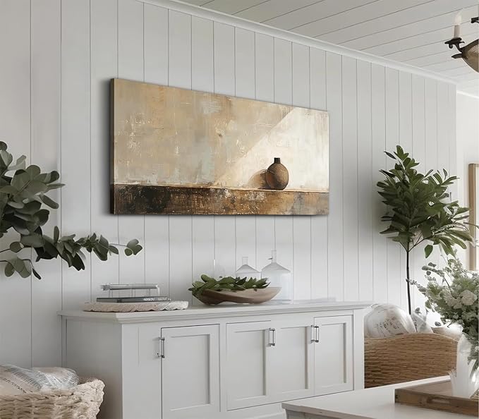 ADJUVANT Wall Art Minimalist Neutral Vase Painting 40" L x 20" W, Earth Tone Canvas Artwork Prints Simple Pottery Pictures Contemporary Rustic Wall Decor for Living Room Bedroom