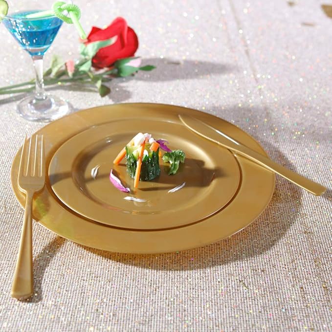 I00000 102 Pieces Solid Gold Disposable Plates, Gold Plastic Plates Premium Plastic Party Plates Includes: 51 Dinner Plate 10.25 Inch and 51 Salad/Dessert Plate 7.5 Inch for Wedding & Party