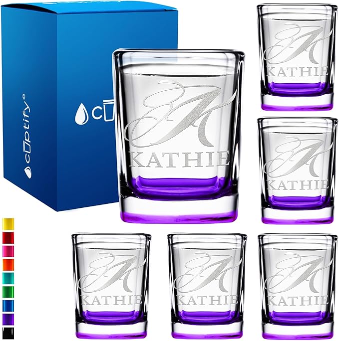 Personalized Shot Glasses Set of 6 Initial and Name 2oz Purple Bottom Etched Square Shot Glass Engraved with Custom Text Birthday Gift for Men and Women