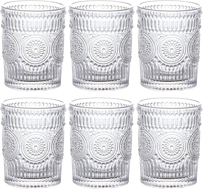 MDLUU 6-Pack Embossed Drinking Glasses, Romantic Glassware, Vintage Glass Tumblers for Juice, Beverages, Cocktail, Capacity 9oz/265ml