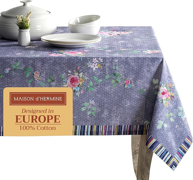 Maison d' Hermine Table Cloth Rectangle Table 100% Cotton 60 x 120 Inches Tablecloth Reusable Decorative for Dining Room Valentines Day Decorations Spring Summer - Sweet Rose Lavender - Country Garden