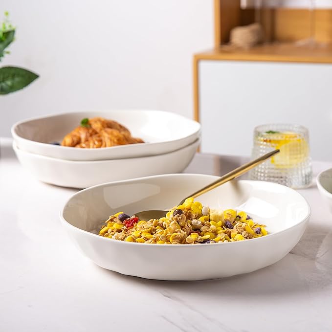 LERATIO 9.75 "Ceramic Flat Pasta Bowls, Wavy Rim 38oz Large Bowls Set of 4 for Kitchen,Modern Porcelain Stoneware pasta bowls,Dishwasher & Microwave & Oven Safe Bowls with for Pasta-White
