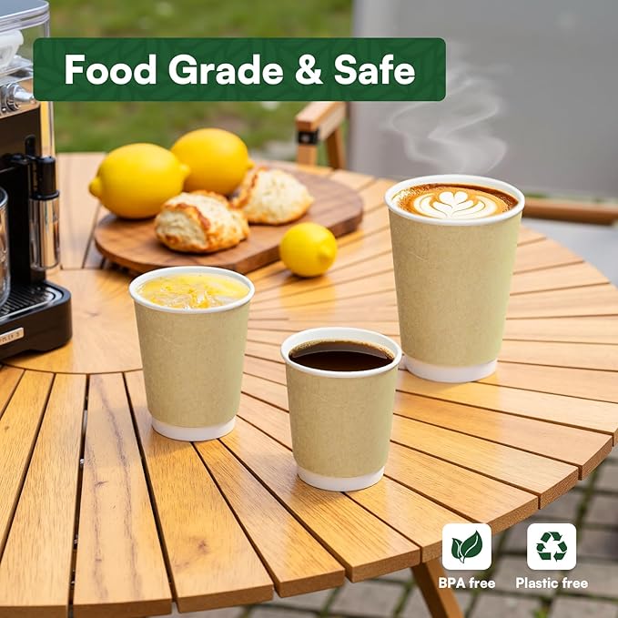 Disposable Coffee Cups 12 oz Paper Cups,50 Pack Compostable Cups Double Wall Hot Cups, BPI Certified PLA Coated Disposable Cups, Kraft Paper Coffee Cups for Everyday To-go Office Coffee Bar Supplies