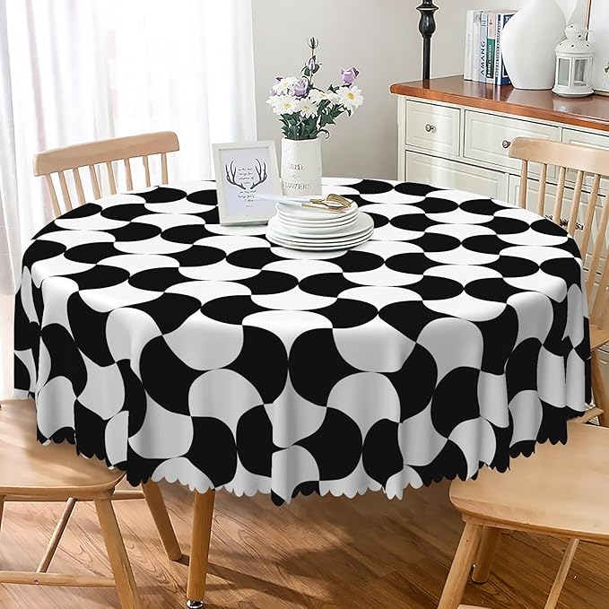 Laeacco 24 Inch Geometric Round Tablecloth Black and White Abstract Pattern Modern Art Print Table Cloth Washable Waterproof Wrinkle Free Table Cover for Kitchen Dining Picnic Party Decoration