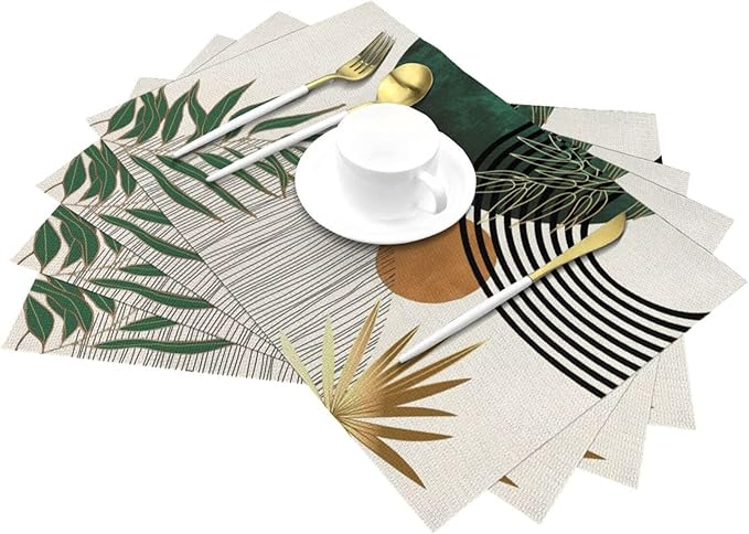 Mid Century Placemats 12x18 Inches Set of 4, Boho Green Gold Tropical Leaf Decorative Rectangle Table Mats for Party Home Kitchen Dining Table Decoration