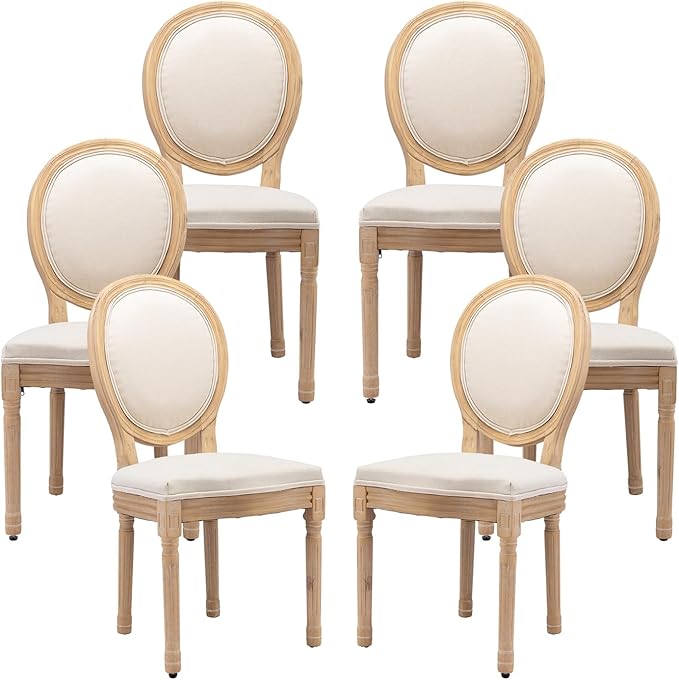 Vintage French Dining Chairs Set of 6, Round Back Accent Chairs with Linen Seat and Solid Wood Frame, Farmhouse Sillas de Comedor Upholstered for Dining Room & Kitchen, Beige
