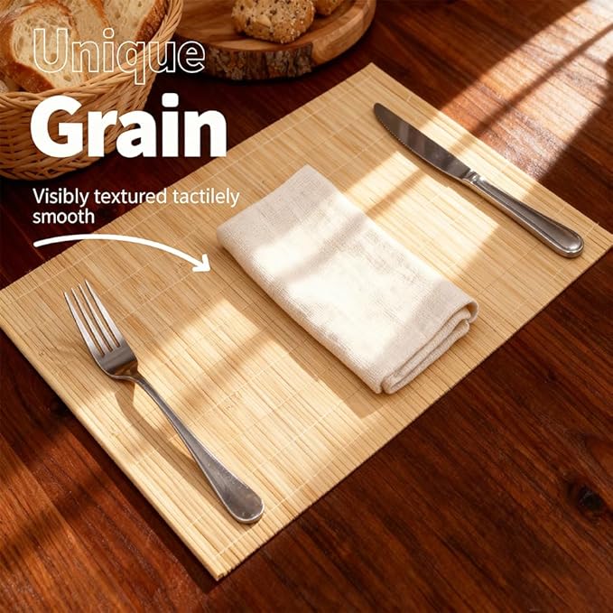 8-Pack Bamboo Placemats,Woven Heat-Resistant Rectangular Table Mats, Natural Rectangular Dining Place Mats, Rustic Japanese Style Plate Mats for Indoor Dining, Kitchen and Party Use, Beige