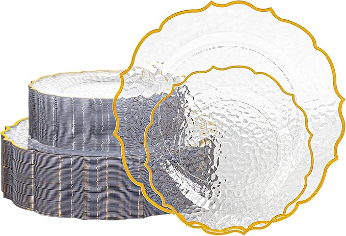 N9R 120 PCS Clear and Gold Plastic Plate, Clear Disposable Plate with Gold Rim, Stone Texture Plates Include 120 Dinner & Dessert Plates for Wedding, Party