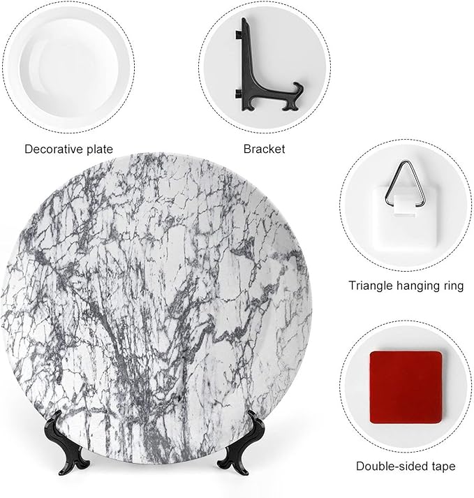 Ceramic Plates, Abstract Decorative Ceramic Plates, Murky Marble Rock Motifs Dynamic Fractal, 6 Inch, for Dining, Parties, Wedding, Grey White