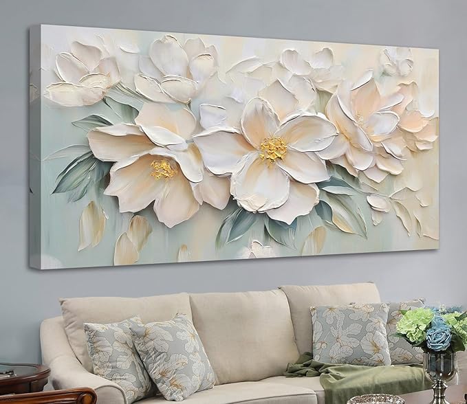 Anolyfi White Textured Flowers Large Canvas Wall Art for Living Room, Modern Aesthetic Sage Florals Painting Wall Decor for Bedroom Dining Room Office Home Decor 58"x29"
