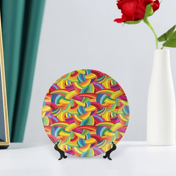 Ceramic Display Plate, Abstract Decor Ceramic Hanging Decorative Plate, Colorful Rainbows Wheels Spiral Wavy Fashionable, 10 Inch, Living Room Kitchen Decoration Household, Multy