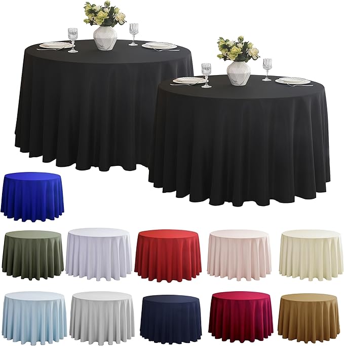 2-Pack Round 120-inch Black Table Cloths, Solid Stain and Wrinkle Resistant Circular Tablecloth, Premium Plain Weave Polyester Fabric Table Linen Covers for Hotel, Banquet