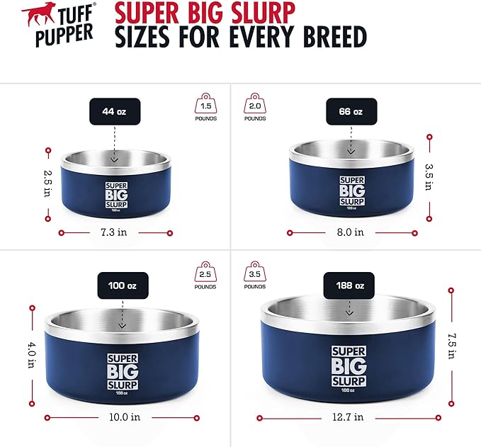 Tuff Pupper 100 oz Heavy Duty Insulated Stainless Steel Dog Bowl for Large Dogs, Non-Slip Base, Dishwasher Safe