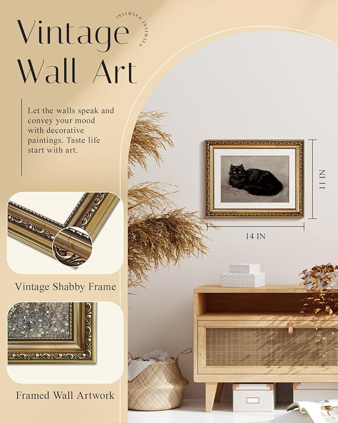 InSimSea Retro Gold Framed Wall Art, Vintage Black Cat Home Bathroom Wall Decor, Animal Canvas Print Artwork, Farmhouse Country Decor, Antique Picture Frame Retro Classical Paintings, 11x14 Inch